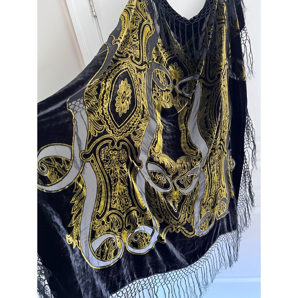 Whimsigoth Velvet Burnout Fringe Black Gold Scarf Shawl Witchy Regency Ren Faire